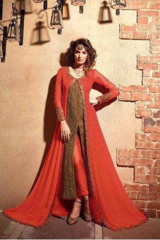 MN2703 FIESTA ORANGE MAISHA NEERJA JACKET STYLE GEORGETTE SUIT