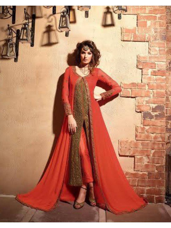 MN2703 FIESTA ORANGE MAISHA NEERJA JACKET STYLE GEORGETTE SUIT