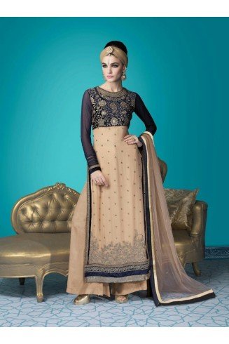 Beige & Blue Embroidered Palazzo Suit