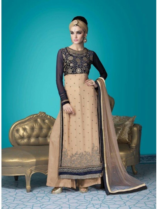 Beige & Blue Embroidered Palazzo Suit