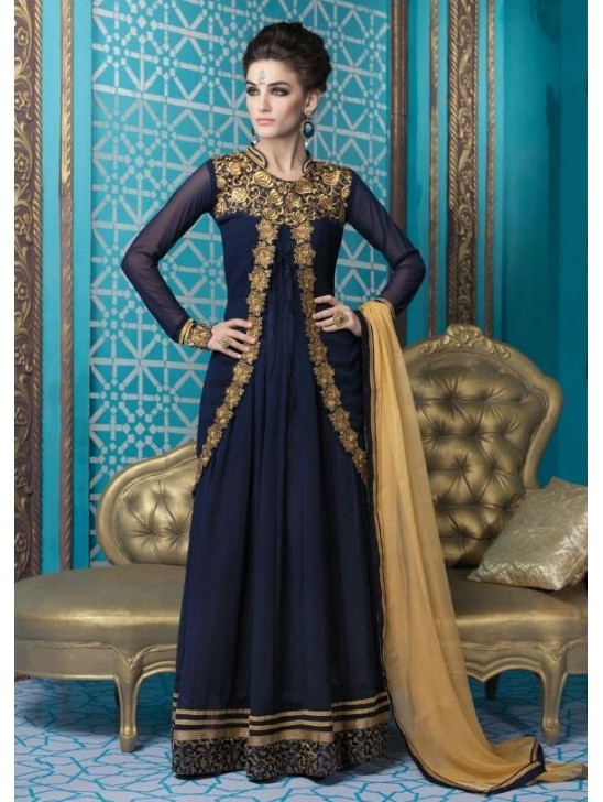 Navy Blue Jacket Gown Indian Anarkali Suit