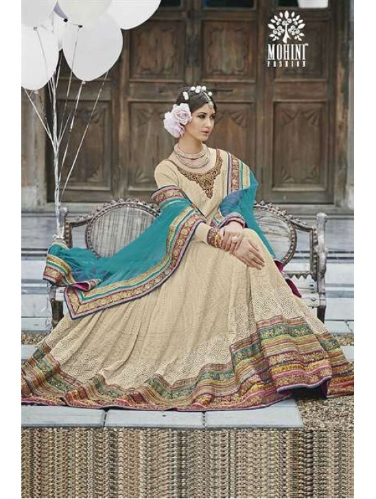 M24002 BEIGE AND SKY BLUE MOHINI HEAVEY EMBROIDERED ANARKALI DRESS