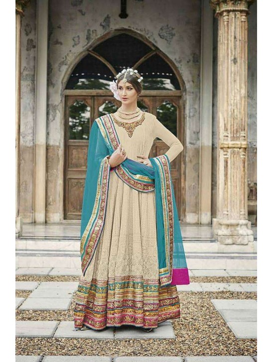 M24002 BEIGE AND SKY BLUE MOHINI HEAVEY EMBROIDERED ANARKALI DRESS