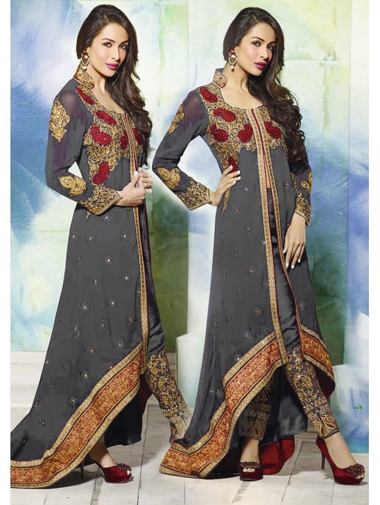 GL3801 GREY GLOSSY MALAIKA ARORA ANARKALI DRESS