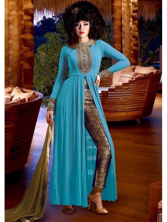 Turquoise Blue Georgette Indian Party Wear Suit