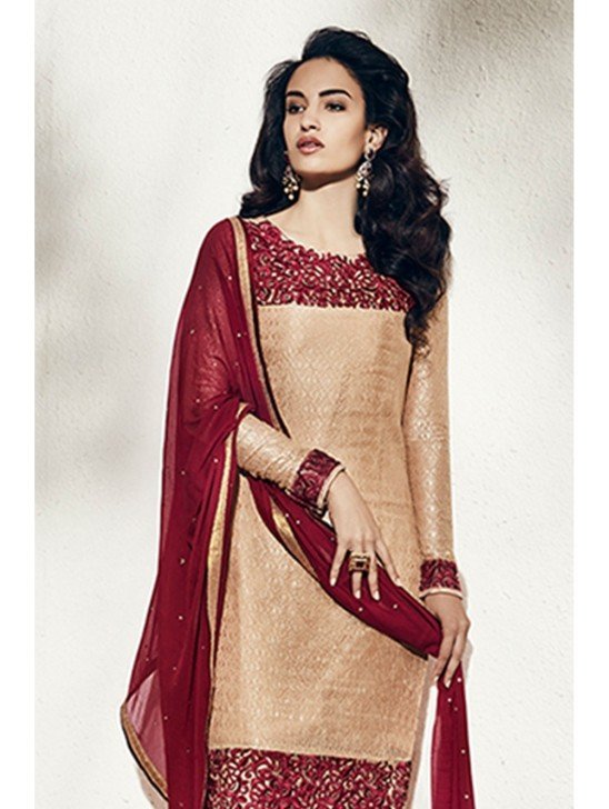 BEIGE AND BURNT HENNA RED INDIAN PUNJABI SALWAR SUIT