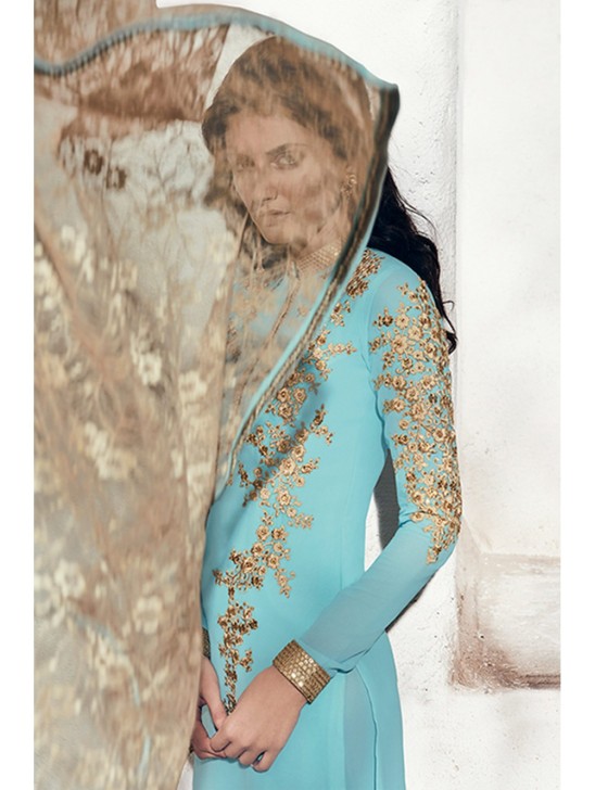 Sky Blue Pakistani Designer Wedding Salwar Suit