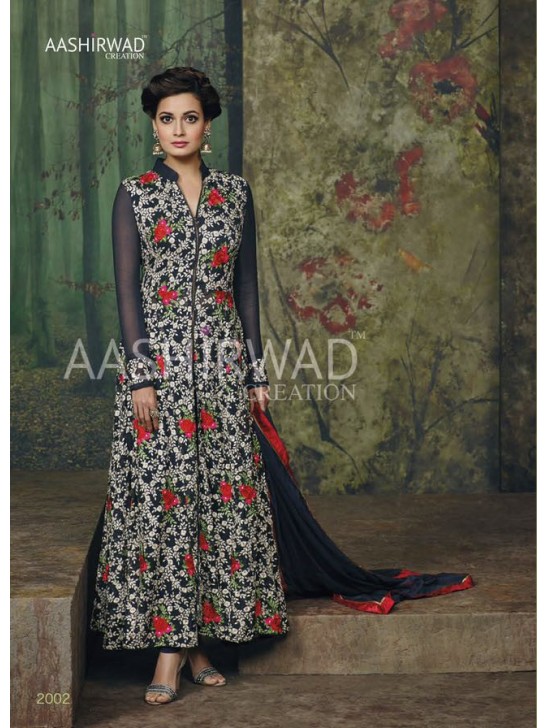 BLUE FLORAL DIA MIRZA INDIAN DESIGNER PARTY WEAR SUIT