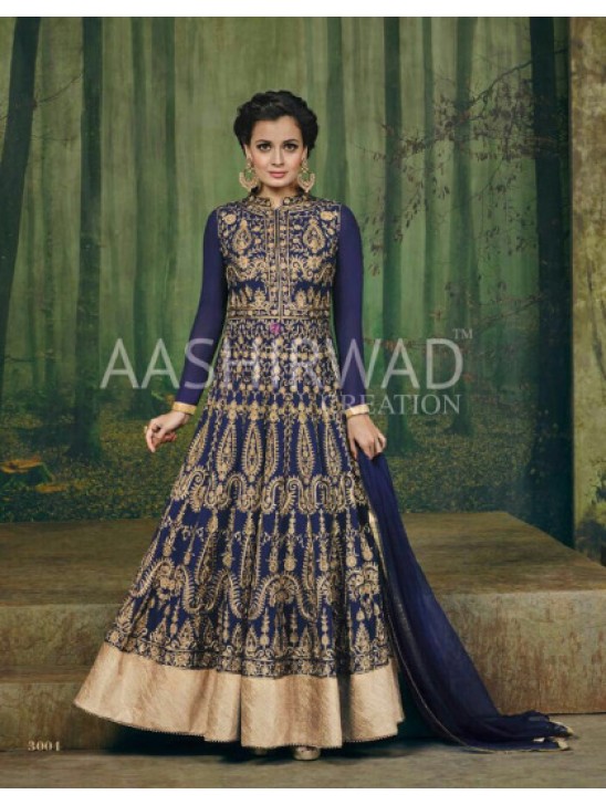 BLUE DIA MIRZA HEAVY EMBROIDERED ANARKALI DRESS