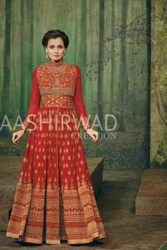 RED DIA MIRZA HEAVY EMBROIDERED WEDDING GOWN