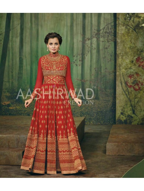 RED DIA MIRZA HEAVY EMBROIDERED WEDDING GOWN