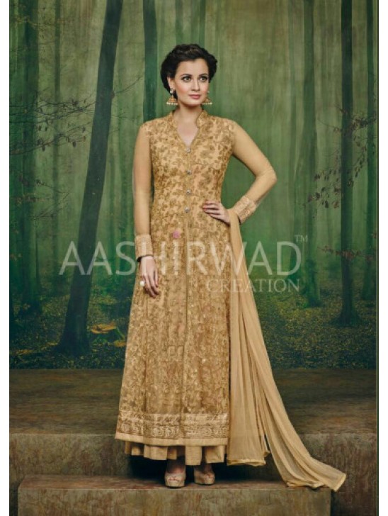 GOLD INDIAN DESIGNER DIA MIRZA EMBROIDERED ANARKALI SUIT