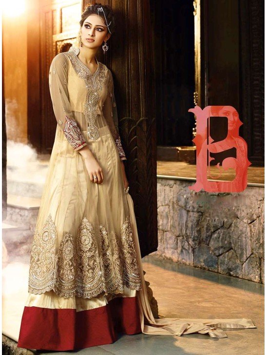 7107 BEIGE AAFREEN DESIGNER NET LEHENGA STYLE ANARKALI SUIT