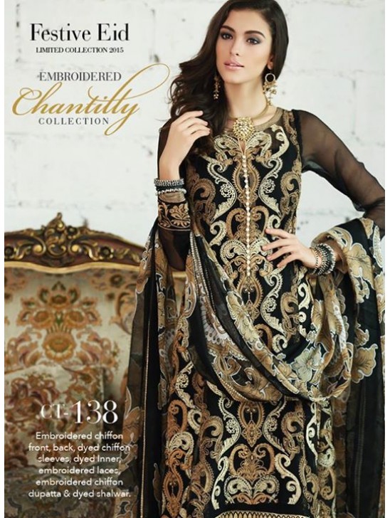 ZCT 138 GUL AHMAD BLACK COLOUR EMBROIDERED CHIFFON SUIT