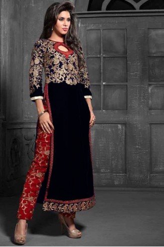 MS12012 Black With Red MAISHA MASKEEN STYLE Dress In Velvet Material