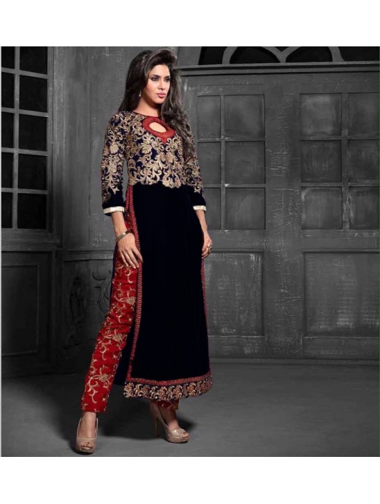 MS12012 Black With Red MAISHA MASKEEN STYLE Dress In Velvet Material