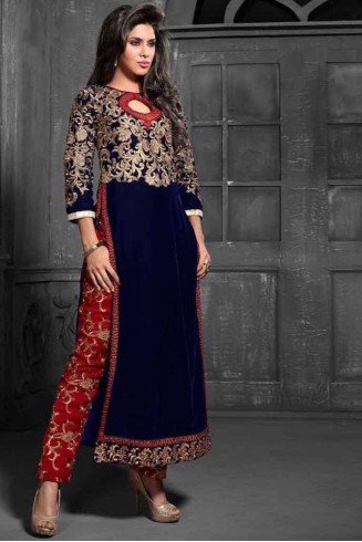 MS12012 Navy Blue With Red MAISHA MASKEEN Dress In Velvet Material