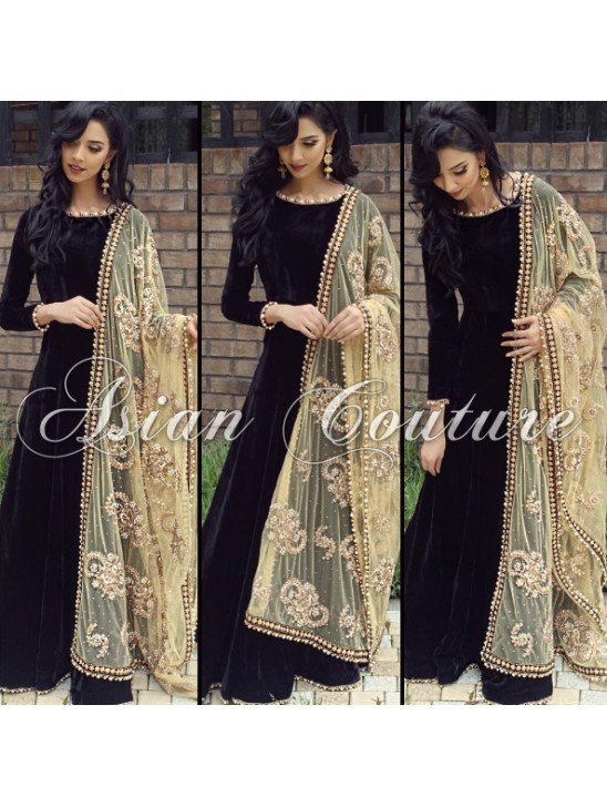 Black Semi Stitched Anarkali Suit With Embroidered Scarf