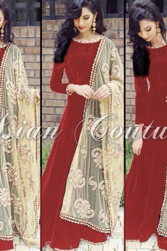 Red Anarkali Suit With Designer Scarf