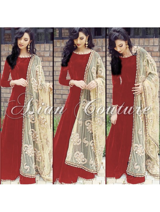 Red Anarkali Suit With Designer Scarf