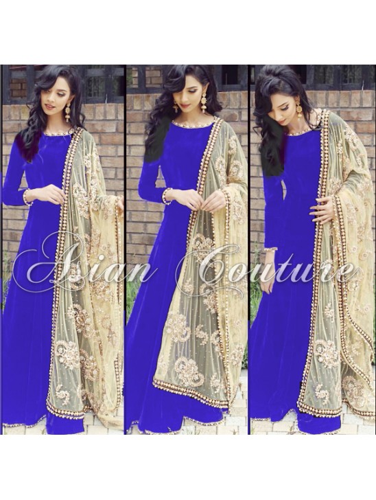 Blue Maxi Gown Designer Anarkali Suit With Heavy Scarf