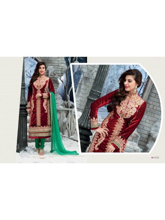 Red and Green RIVAA  DESIGNER VELVET DRESS