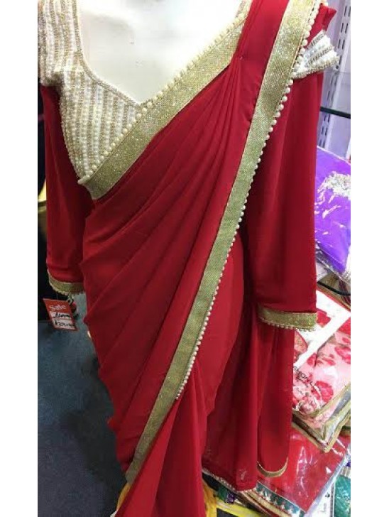 Z1 Stunning Georgette Pearl Embroidered Saree with heavy pearl blouse