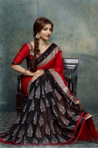 SOHA ALI KHAN BLACK AND RED PATCH BORDER DESIGNER SAREE