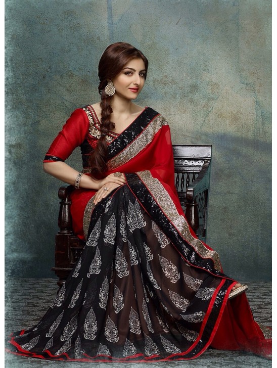 SOHA ALI KHAN BLACK AND RED PATCH BORDER DESIGNER SAREE