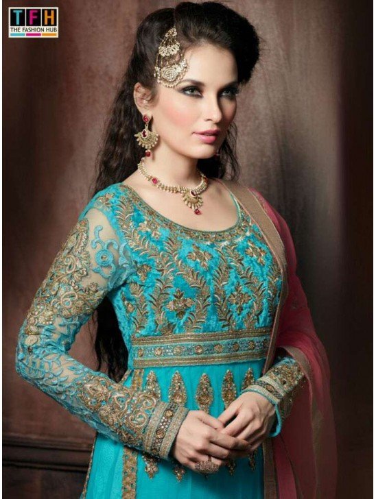 4302 SKY BLUE "CELEBRITY ISSUE” FLOOR LENGTH EMBROIDERED ANARKALI SUIT