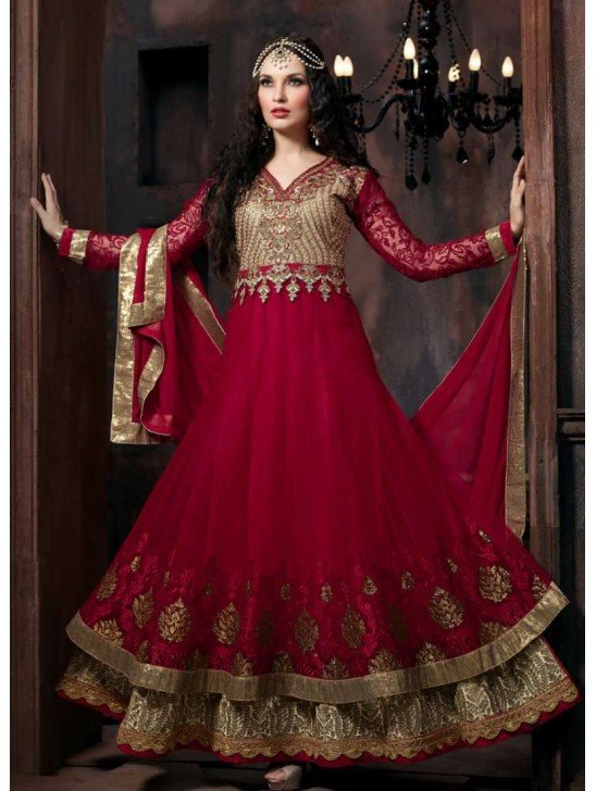 4301 RED "CELEBRITY ISSUE” FLOOR LENGTH EMBROIDERED ANARKALI SUIT