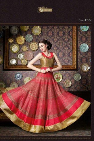 Red Gold Long Silk Dress Anarkali Suit Party Wear