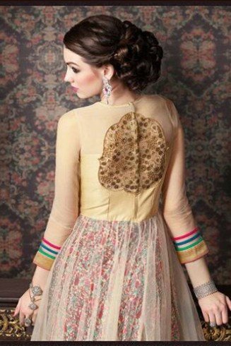 4709 BEIGE AND YELLOW CHENAB DESIGNER EMBROIDRED NET ANARKALI SUIT 