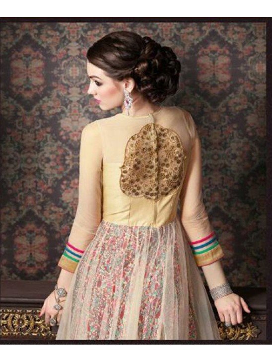 4709 BEIGE AND YELLOW CHENAB DESIGNER EMBROIDRED NET ANARKALI SUIT