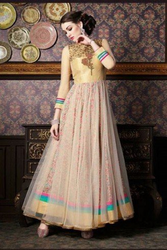 4709 BEIGE AND YELLOW CHENAB DESIGNER EMBROIDRED NET ANARKALI SUIT 