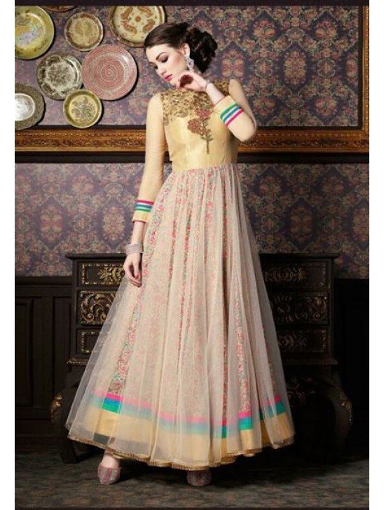 4709 BEIGE AND YELLOW CHENAB DESIGNER EMBROIDRED NET ANARKALI SUIT
