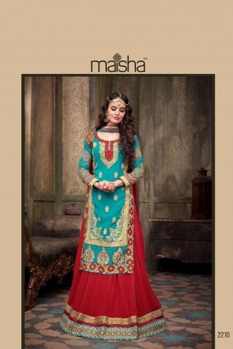 MA2210 Red and Blue Green Maskeen Maisha Crush Bridal Lengha