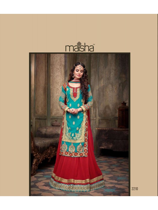 MA2210 Red and Blue Green Maskeen Maisha Crush Bridal Lengha