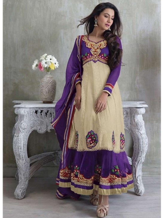 Gauhar Khan Beige And Purple Embroidered Anarkali Suit