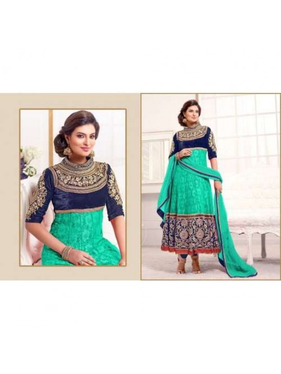 Blue and Ferozi WEDDING WEAR HEAVY EMBROIDERED ANARKALI