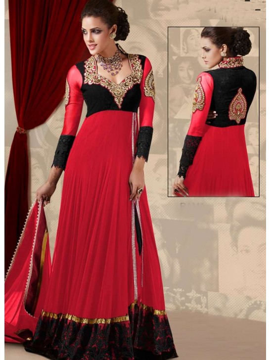 Red and black WEDDING WEAR NET & GEORGETTE LONG ANARKALI DRESS