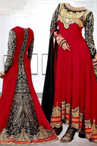 Red and Black Georgette Floor Length Anarkali Dress