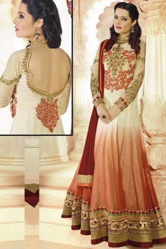 Cream and Red AAFREEN PARTY WEAR GEORGETTE ANARKALI LONG DRESS