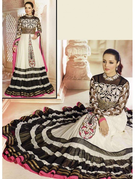 White and Black AAFREEN PARTY WEAR GEORGETTE ANARKALI LONG DRESS