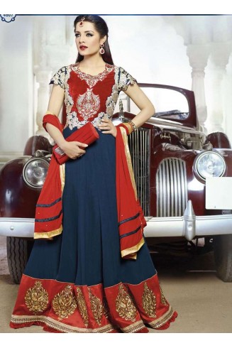 Snorkel Blue and Red Celina Jaitley Georgette Floor Length Anarkali Suit