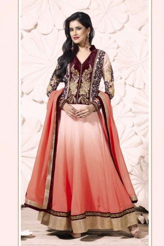 Pink and Brown Miraculous Embroidery Floor Length Anarkali Suit