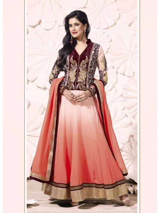 Pink and Brown Miraculous Embroidery Floor Length Anarkali Suit
