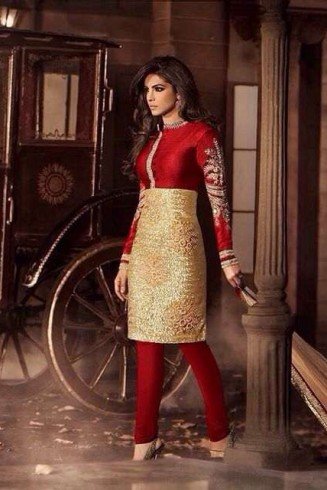 Red and Gold Priyanka Chopra HEROINE Straight Cut Designer Dress