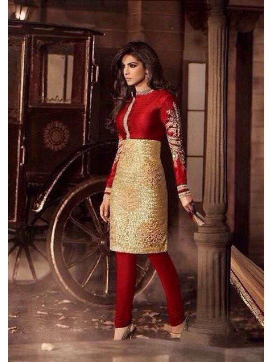 Red and Gold Priyanka Chopra HEROINE Straight Cut Designer Dress