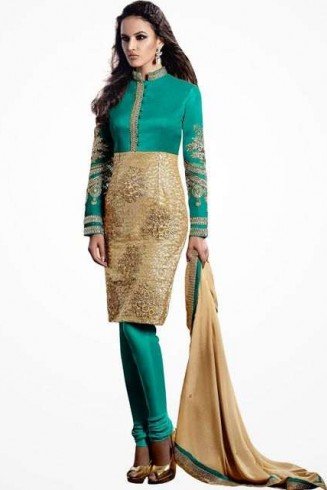 Sea Green and gold HEROINE Straight Cut Designer Dress 